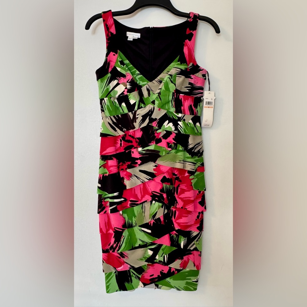 London Times Vibrant Pink and Green Cocktail Dress